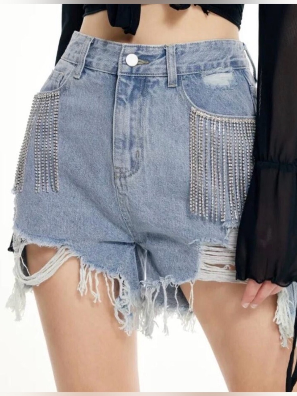 Cider Denim Rhinestone Fringe Distressed High-Waist Jean Shorts L